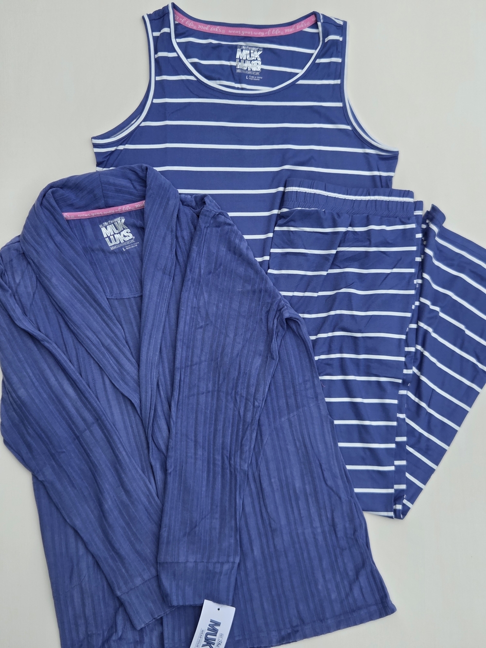 NWT MUK LUKS Women's 3pc Striped Sleepwear Set Robe Tank Pants Blue/White Size-L